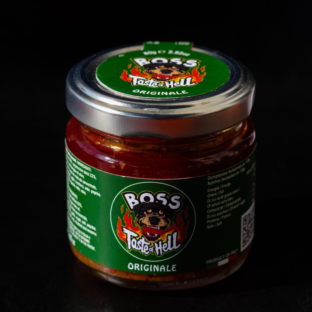 Vasetto salsa piccante originale. Etichetta verde.
